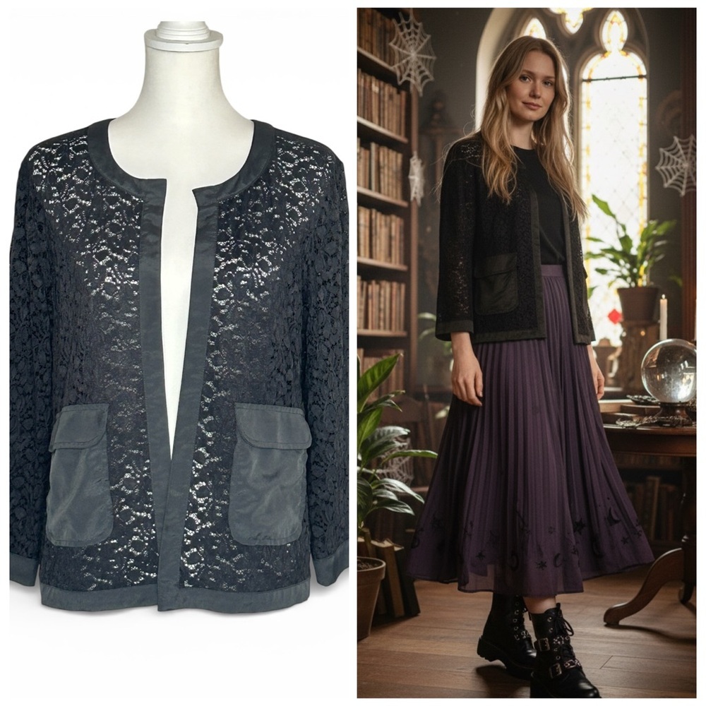 Alfani Black Gray Open Front Lace jacket with Pockets size XL whimsigoth lace
